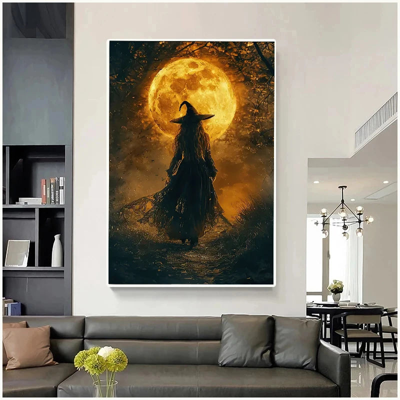 Canvas wall art depicting a dark witch silhouette against a bright full moon in a dark forest setting.