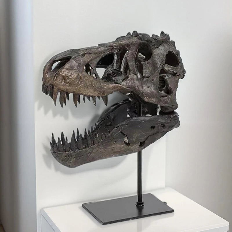 A realistic dinosaur skull resin sculpture displayed on a black stand.
