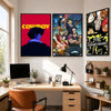 A set of three framed posters featuring characters from Cowboy Bebop, including Spike Spiegel and other cast members.