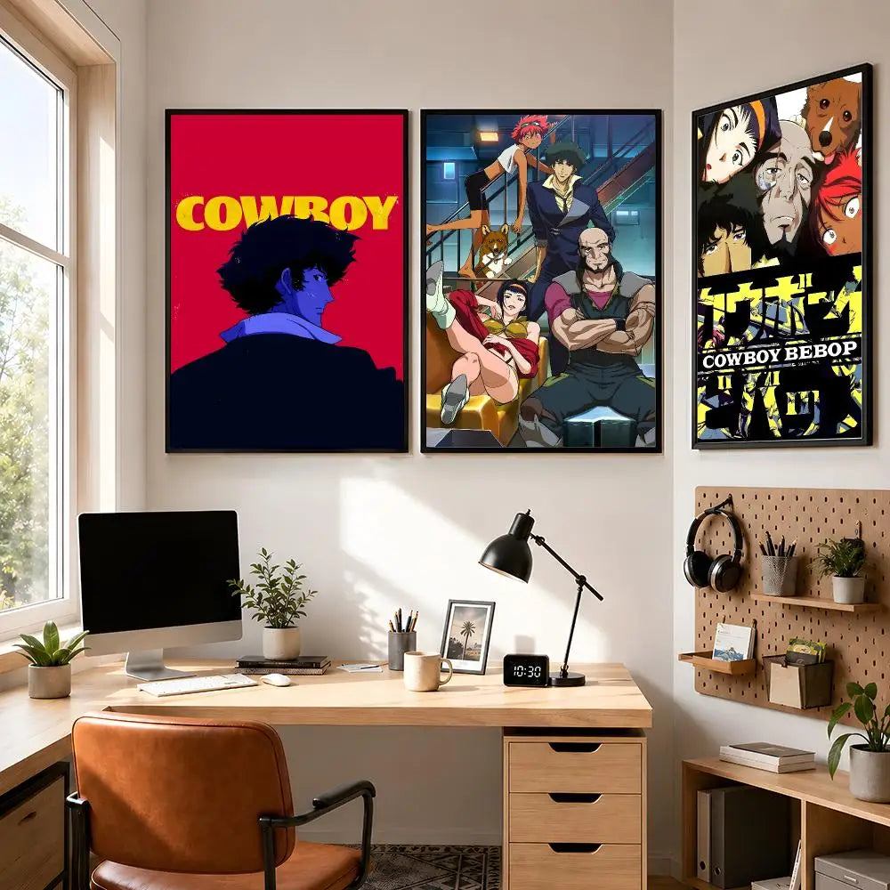 A set of three framed posters featuring characters from Cowboy Bebop, including Spike Spiegel and other cast members.