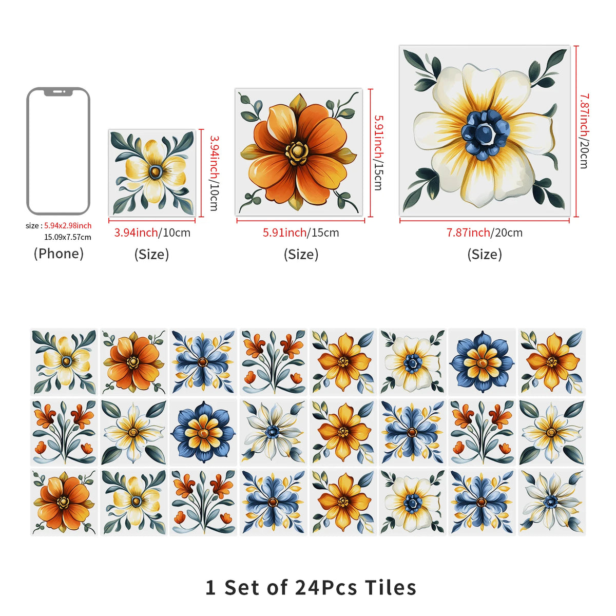 A set of 24 self-adhesive waterproof wall decals featuring various floral designs in orange, yellow, and blue colors.