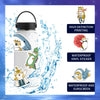 A white water bottle featuring various adorable cartoon cat stickers, including a fish and a kitten.