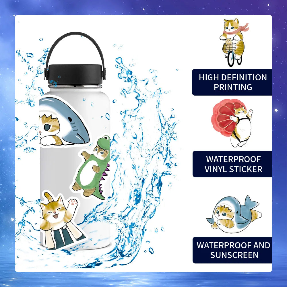 A white water bottle featuring various adorable cartoon cat stickers, including a fish and a kitten.
