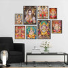 A collection of nine canvas art prints featuring deities like Ganesha, Shiva, and Parvati in vibrant colors.