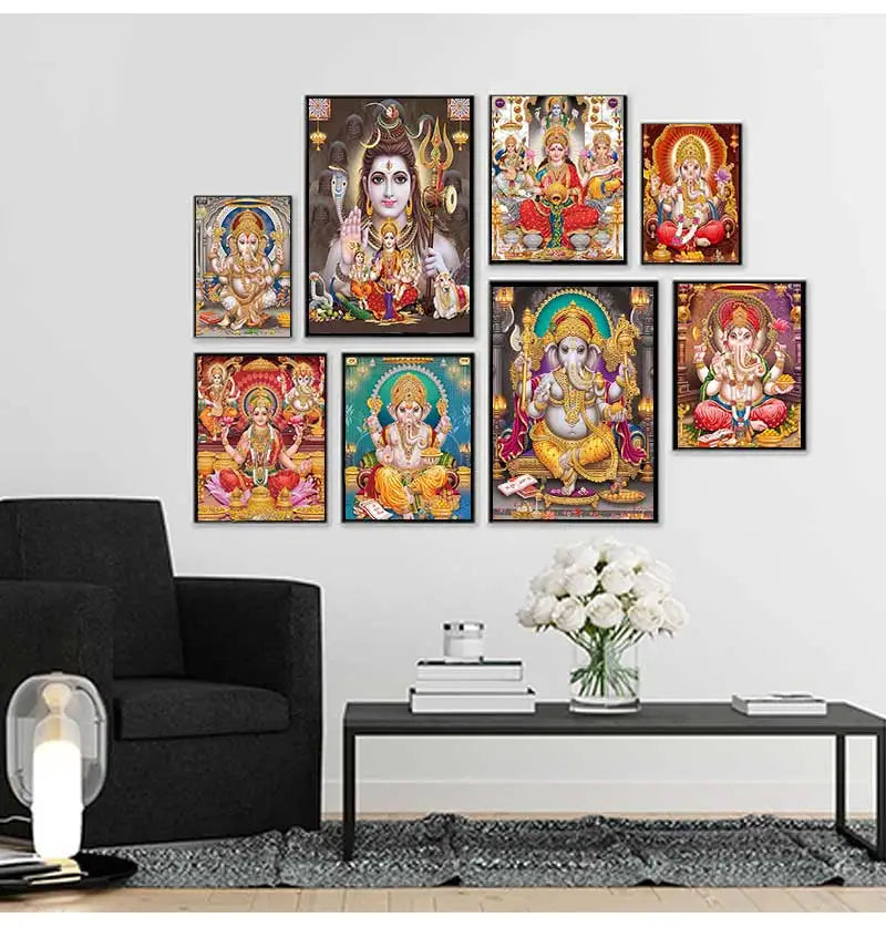 A collection of nine canvas art prints featuring deities like Ganesha, Shiva, and Parvati in vibrant colors.