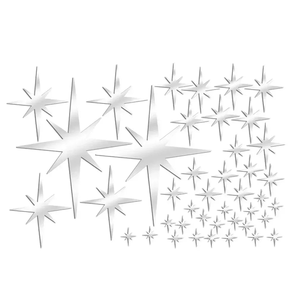 Silver acrylic star mirror wall stickers in various sizes and orientations