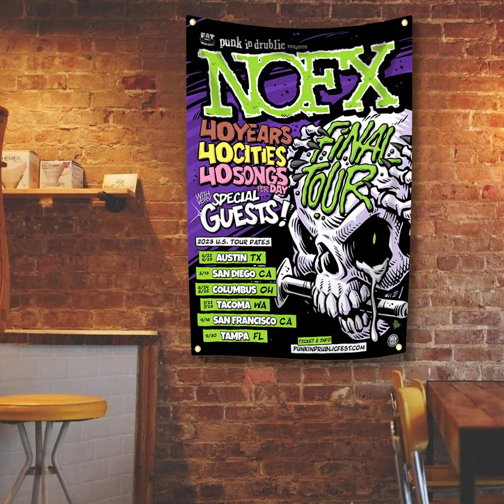 A poster featuring the text NOFX FINAL TOUR with dates and cities for a music event.