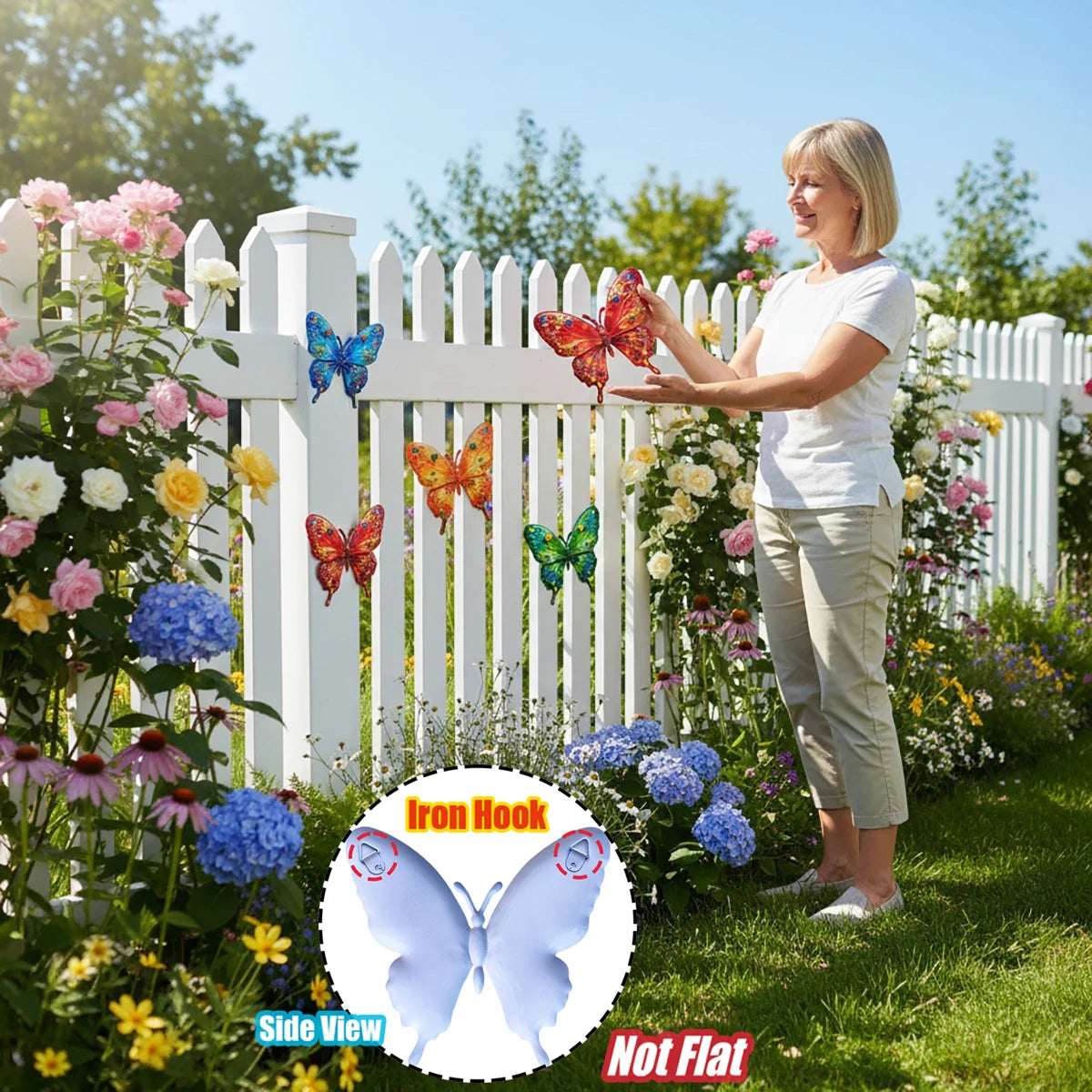 A woman is hanging vibrant metal butterfly wall art decor on a white picket fence in a garden setting.