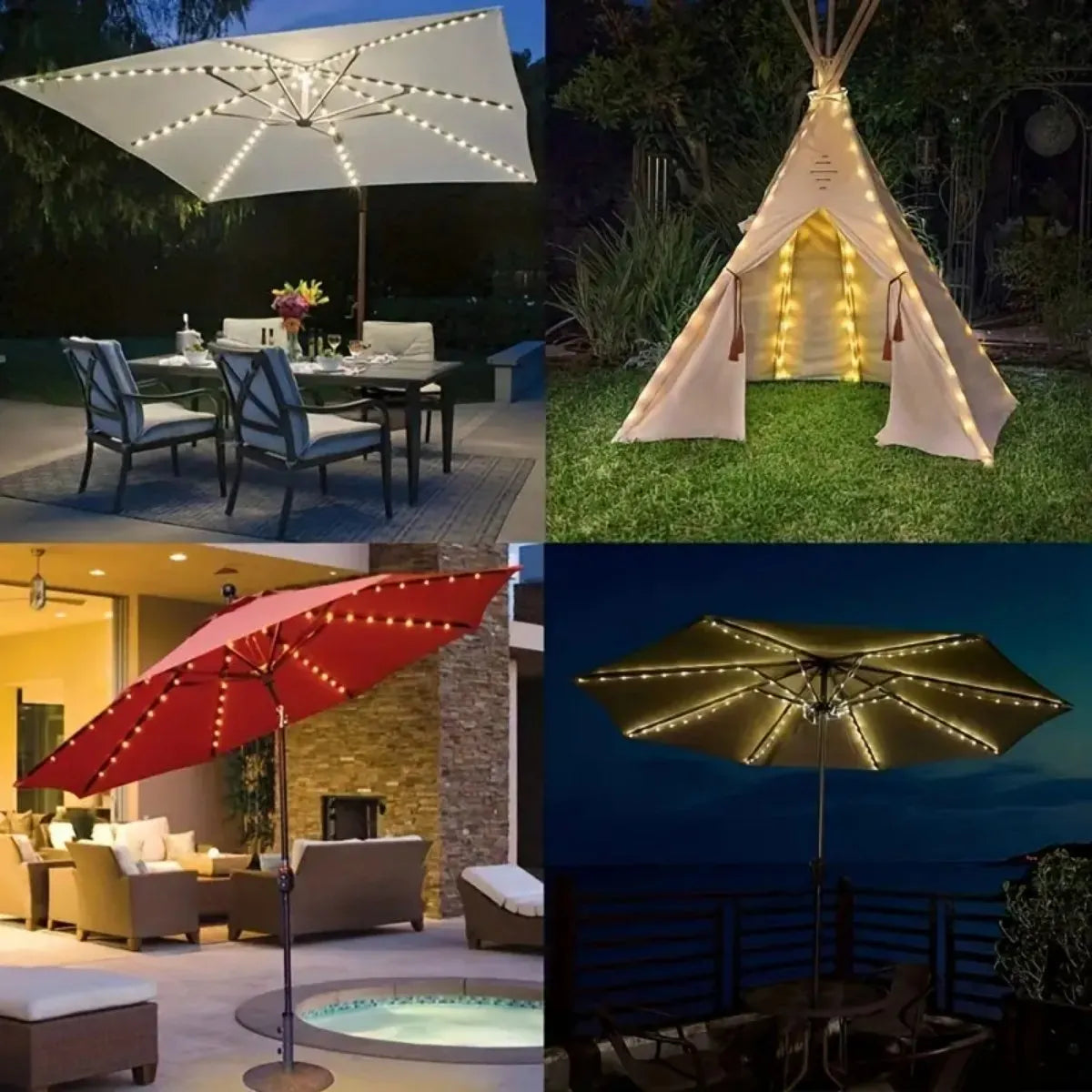 A patio umbrella light with a gold-toned shade illuminating a dark blue ocean view at night.