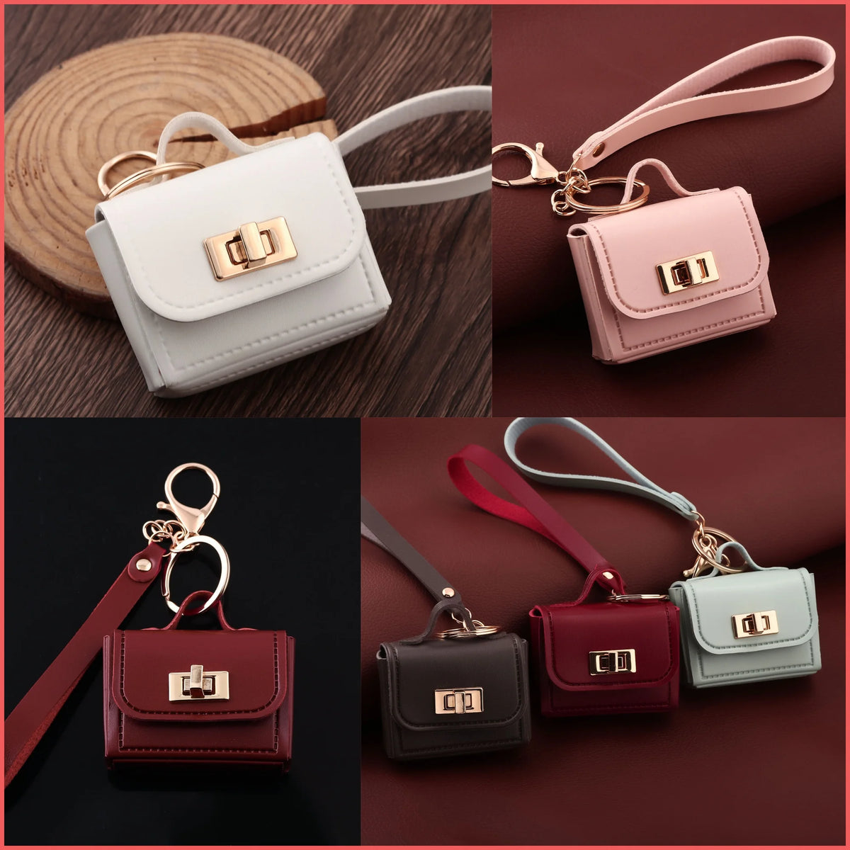 A set of mini leather openable bags in various colors including beige pink and green with gold hardware.