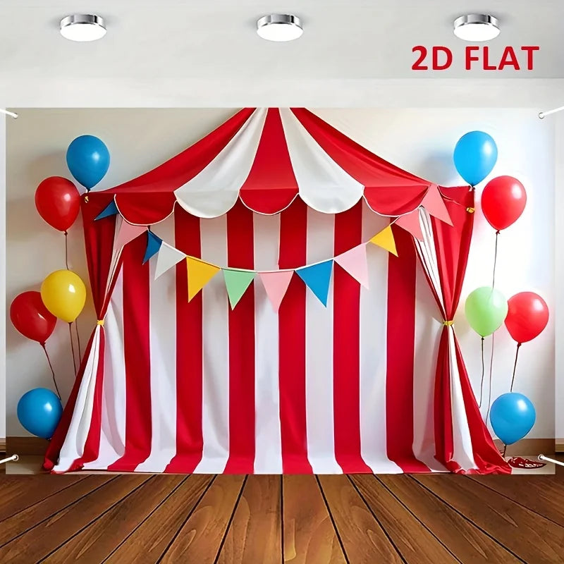 A red and white striped circus party backdrop banner featuring a draped fabric with colorful balloons.