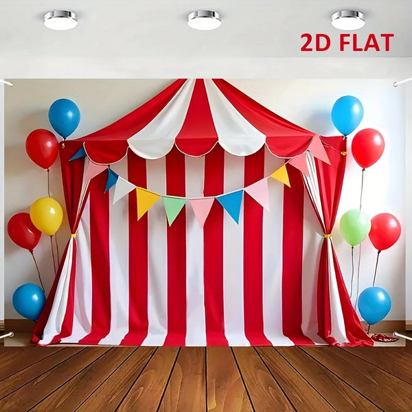 A red and white striped circus party backdrop banner featuring a draped fabric with colorful balloons.
