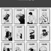 Una cuadrícula de dibujos o bocetos de anime en blanco y negro sobre papel blanco.