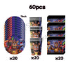 A kit of 60 pieces of Five Nights at Freddy's themed birthday party supplies including various animatronic figures and decora