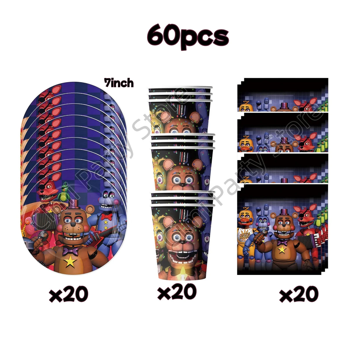 A kit of 60 pieces of Five Nights at Freddy's themed birthday party supplies including various animatronic figures and decora