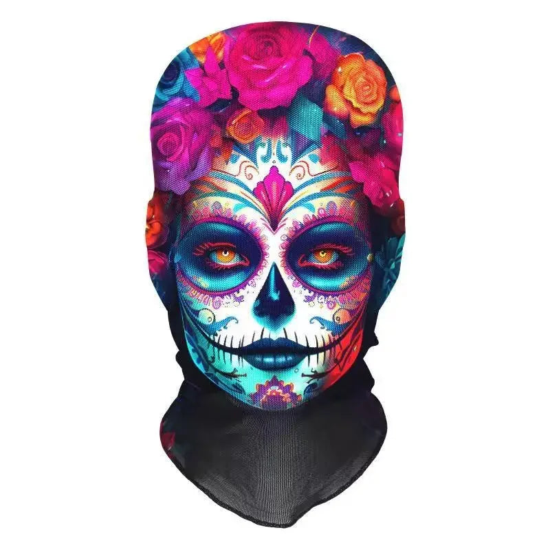 A vibrant skull face mask featuring colorful floral designs and a mesh hood.