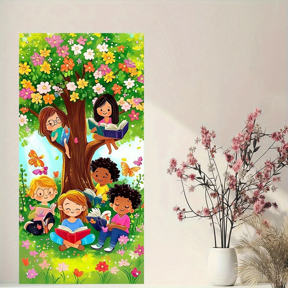 A vibrant illustration of diverse children surrounded by lush spring flowers and trees.
