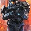 A detailed illustration of Master Chief in futuristic armor holding a rifle against an orange and fiery background.
