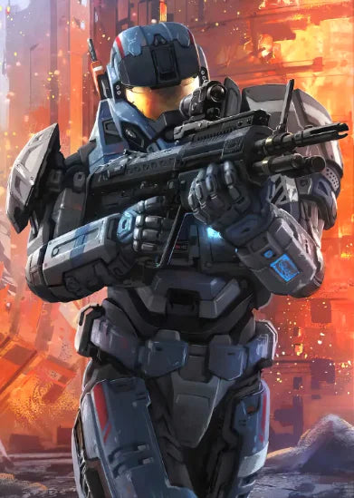A detailed illustration of Master Chief in futuristic armor holding a rifle against an orange and fiery background.