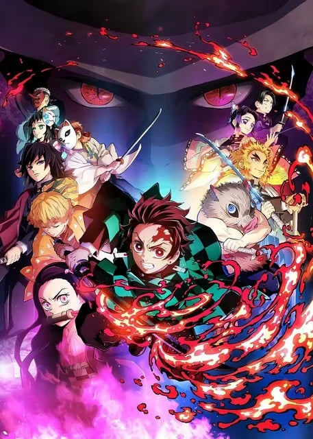 A vibrant illustration featuring characters from Demon Slayer, including Kyojuro Rengoku, in a dynamic, fiery style.