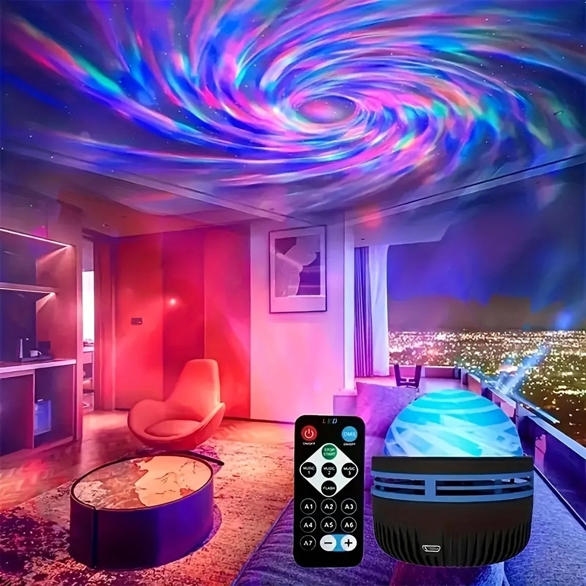 A Galaxy Projection Night Light device resting on a purple rug in a room with a city view.