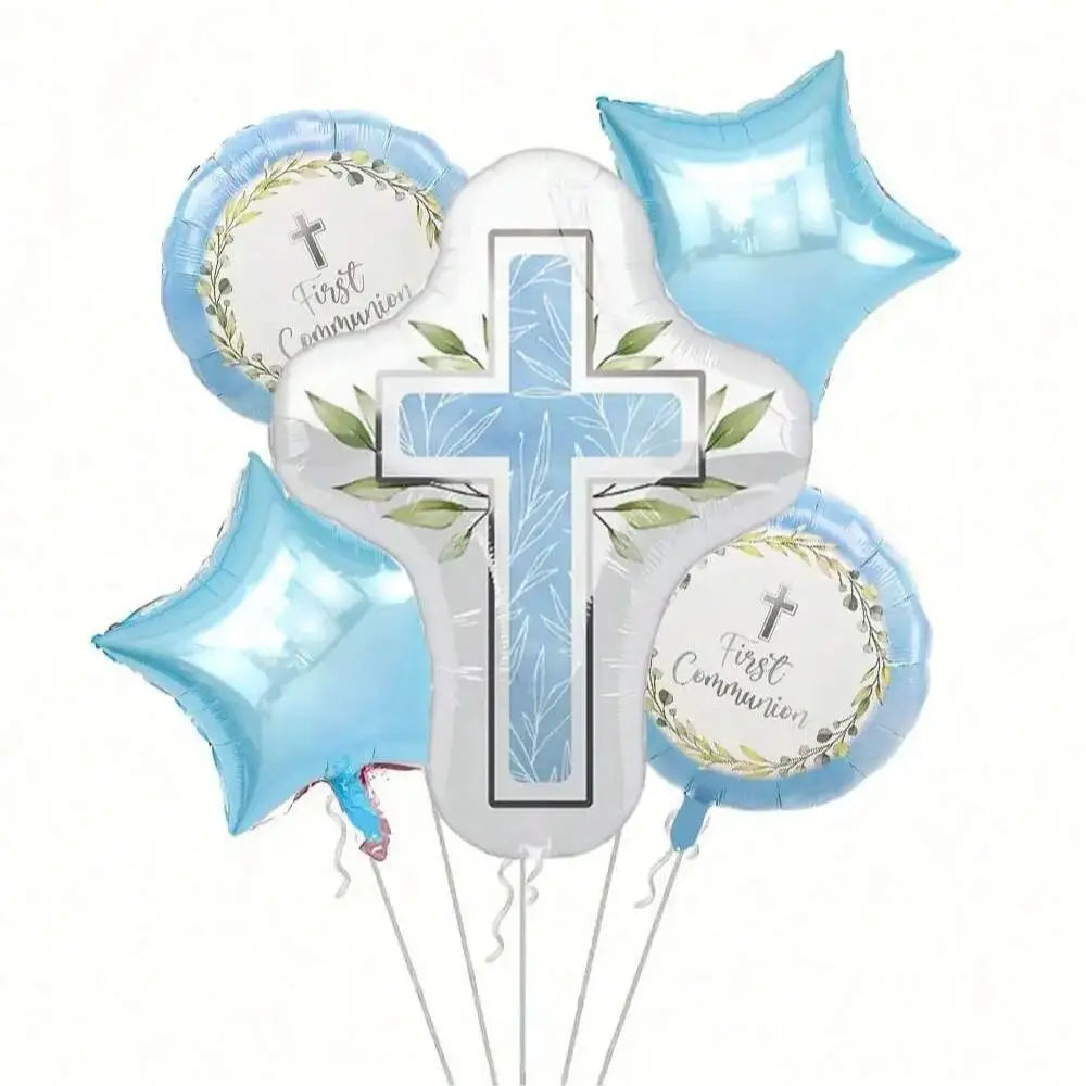 A set of blue and pink foil balloons featuring crosses and dove motifs for First Communion or Baptism