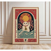 Vintage Japandi Tiger Cat Canvas Wall Art featuring a cat with a record player design framed in wood
