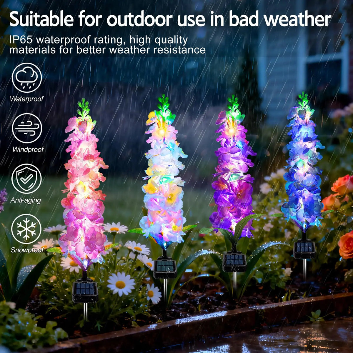 Four colorful solar-powered delphinium flower lights illuminating a garden in bad weather.