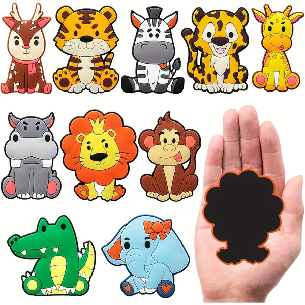 A set of ten cute cartoon animal fridge magnets featuring a tiger, zebra, leopard, giraffe, lion, monkey, and elephant.