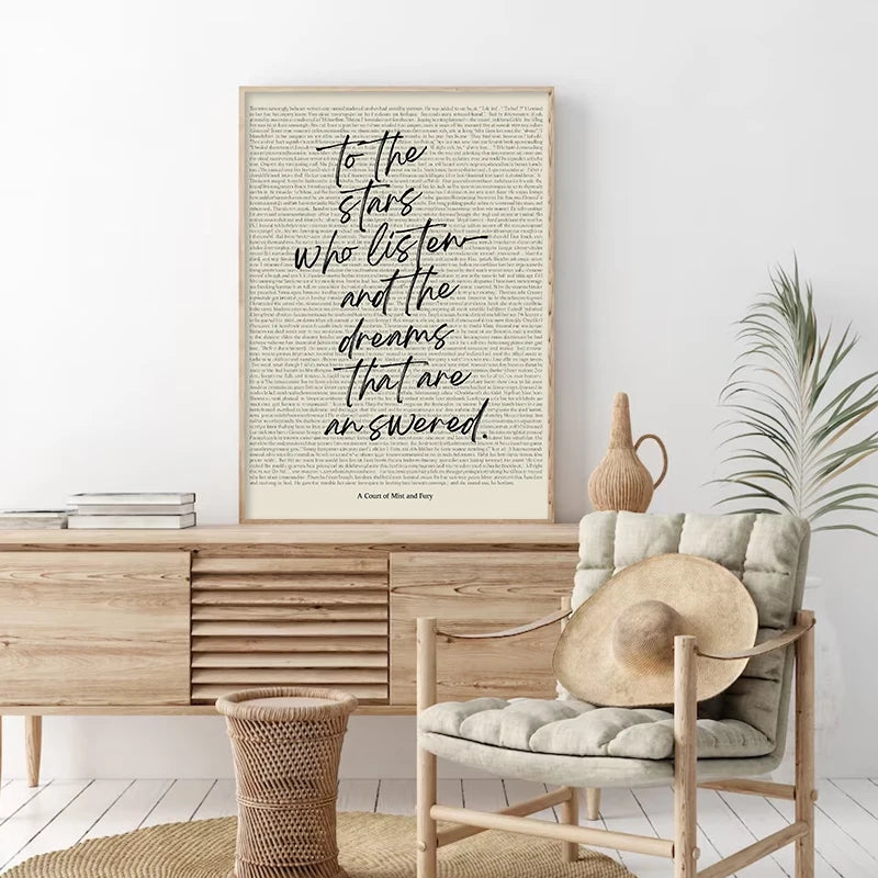Minimalist literary poster set featuring a quote on a framed canvas displayed next to a wooden chair and plant.