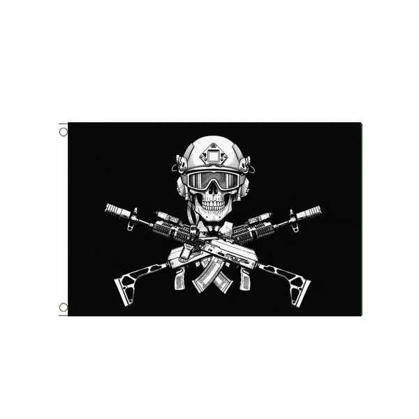 Gráfico en blanco y negro de un cráneo con gafas tácticas y pistolas cruzadas en una pancarta.