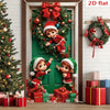 Festive Christmas elf door curtain featuring a wreath and gift motifs on a green door.