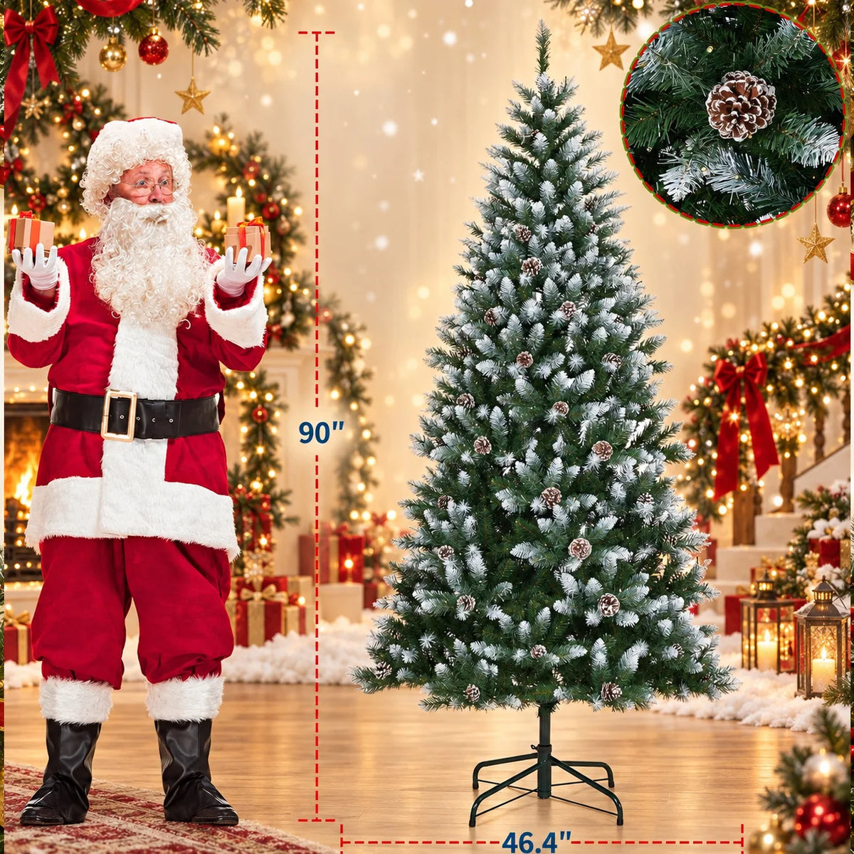 A flocked artificial Christmas tree decorated with warm white LED lights standing next to a Santa figure.