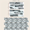 A set of marble pattern 3D effect waterproof tile stickers shown in various layouts and dimensions.