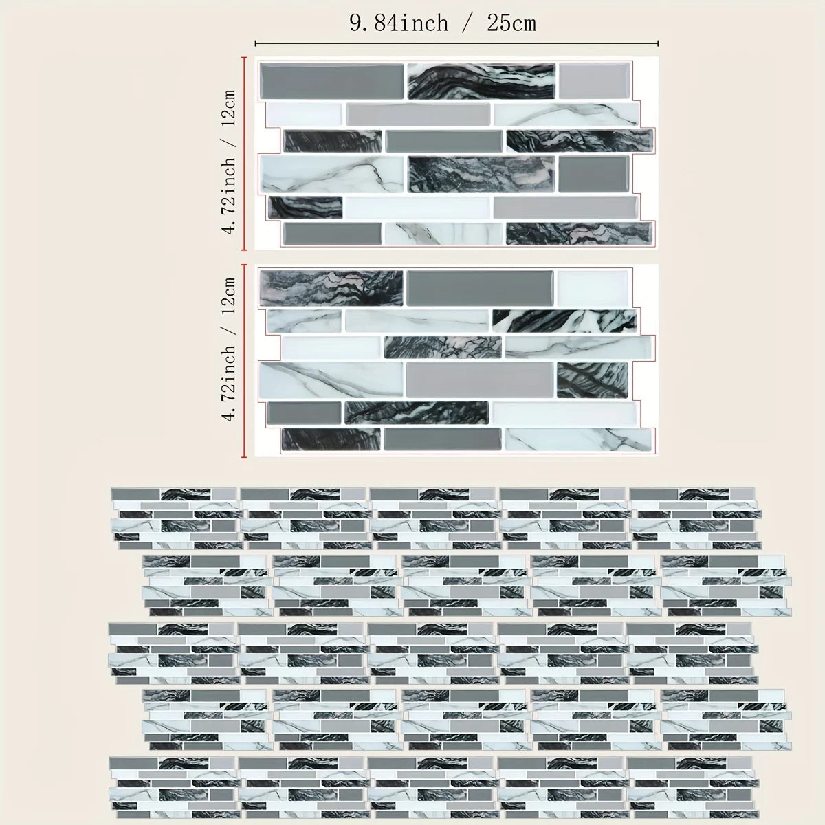 A set of marble pattern 3D effect waterproof tile stickers shown in various layouts and dimensions.