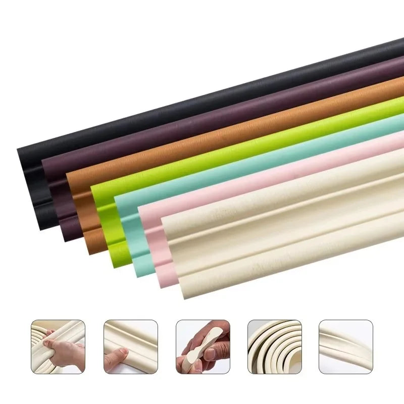 A collection of self-adhesive flexible wall skirting strips in various colors and shades.