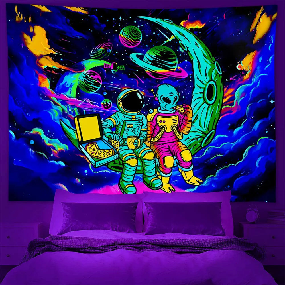 A vibrant tapestry featuring psychedelic alien imagery with neon colors against a dark background.