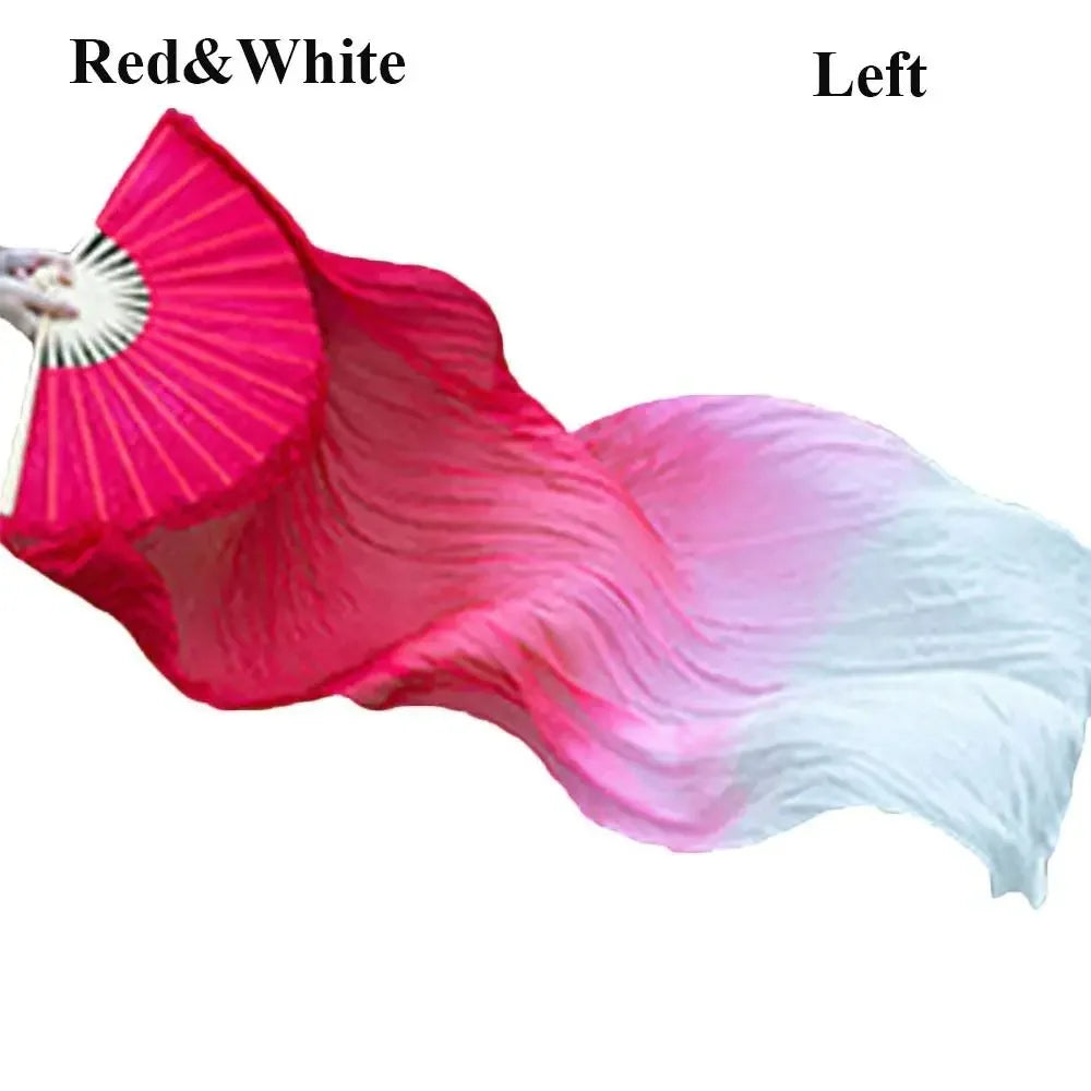 A red and white silk ribbon dance fan with a gradient design shown from the left side.