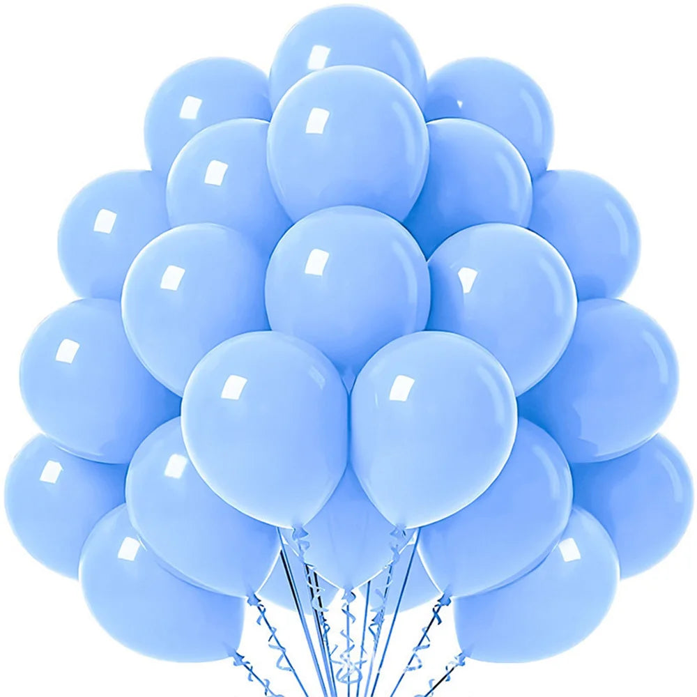 A bunch of light blue latex balloons tied together for party décor