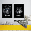 Black and white canvas wall art featuring close-up portraits of a lion, wolf, and leopard head.