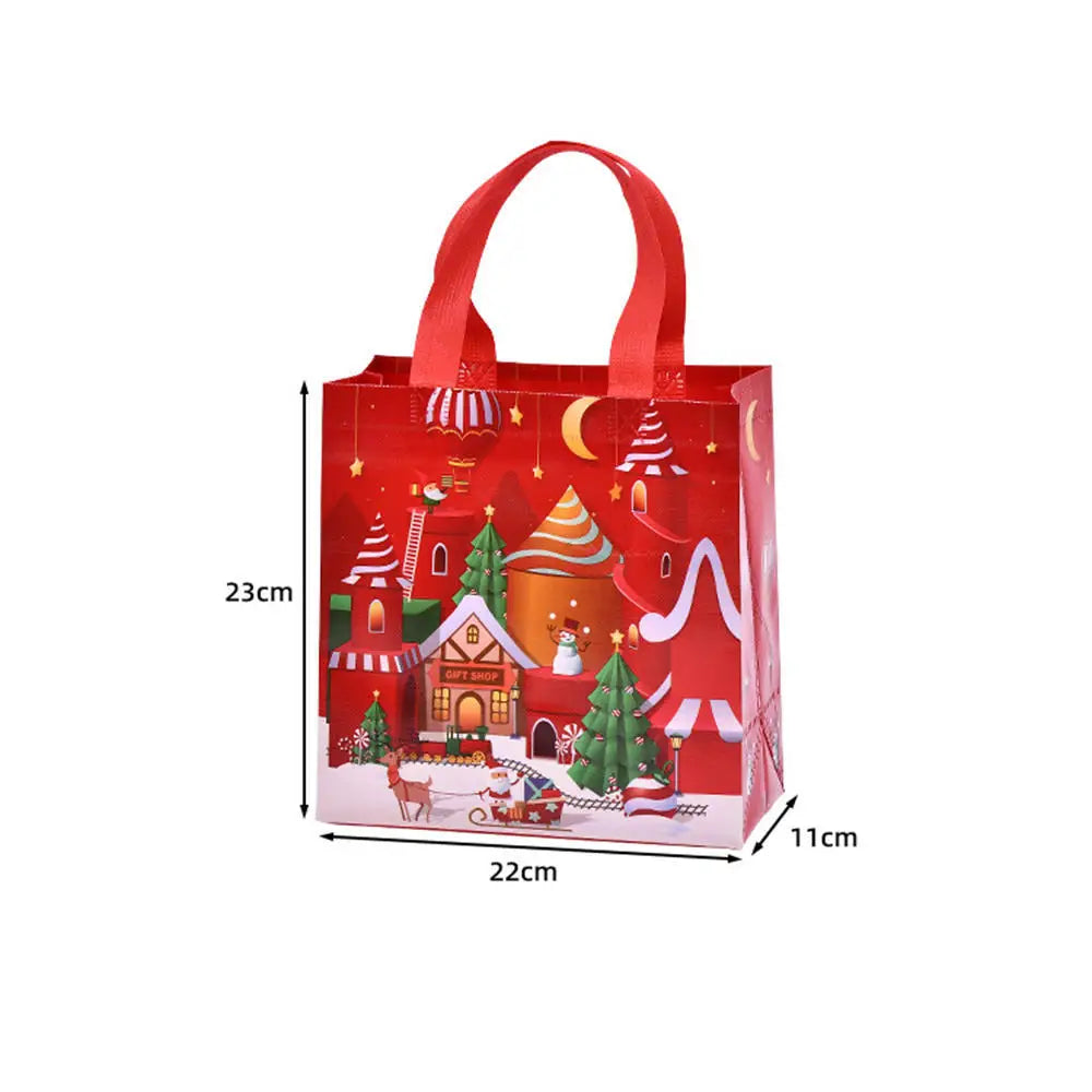 Red non-woven gift tote bags featuring festive Christmas holiday prints and decorations