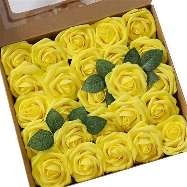 A box filled with yellow foam rose artificial flowers for weddings and home decor