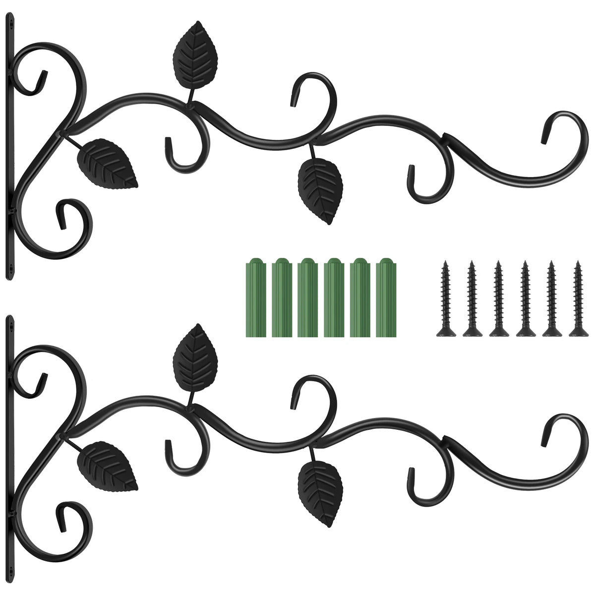 Black vintage iron wall hooks with leaf and spike designs for plant and garden decor