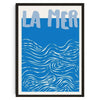 Blaues Leinwandkunstbild mit stilisiertem Wellenmuster in Weiß vor tiefblauem Hintergrund.