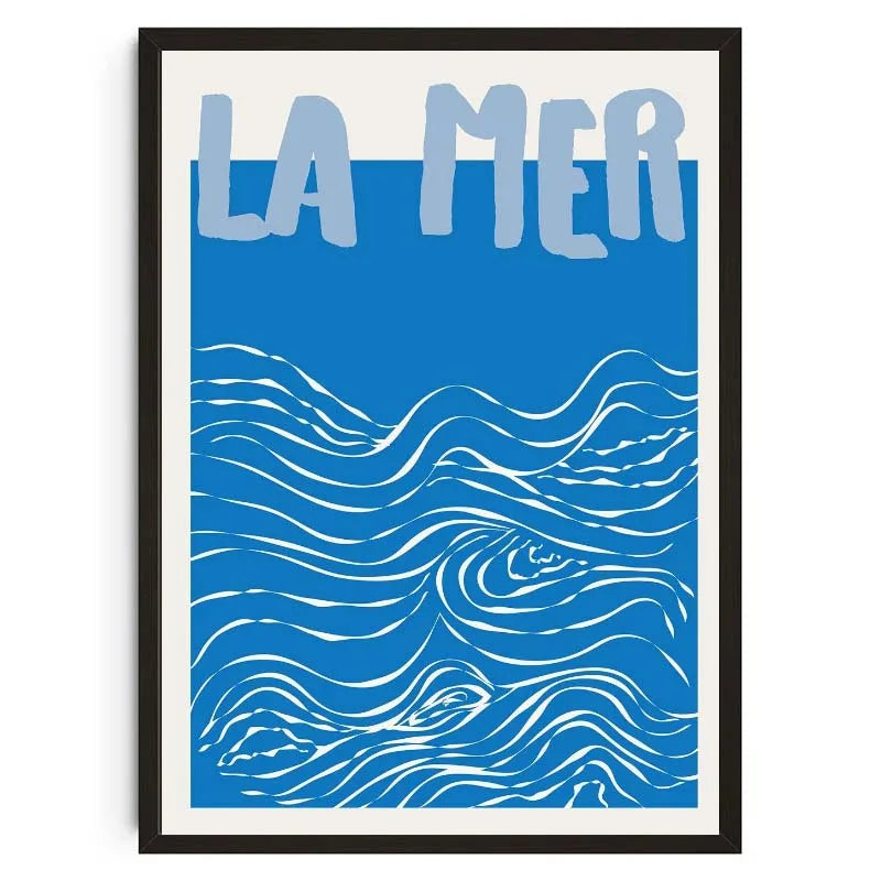 Blaues Leinwandkunstbild mit stilisiertem Wellenmuster in Weiß vor tiefblauem Hintergrund.