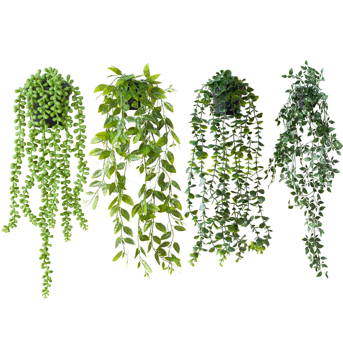 A collection of hanging artificial plant decor featuring lush green foliage in various shapes and sizes.