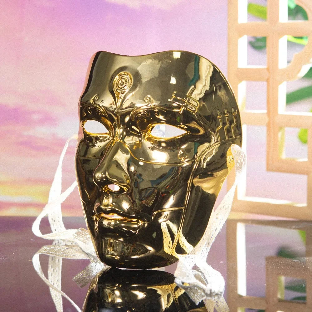 A golden, ancient style masquerade mask with Hanfu-inspired design is displayed on a reflective surface.