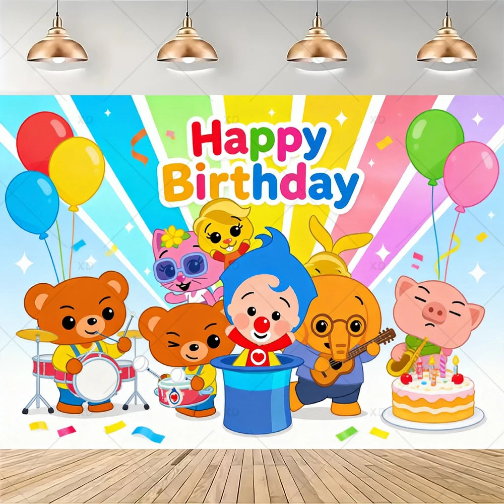A colorful birthday banner featuring cartoon animals like a bear, pig, and other characters with balloons and cake decoration