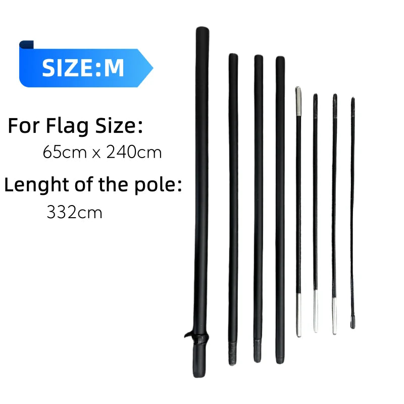 Black feather flag with a long pole and several flags of varying lengths for advertising
