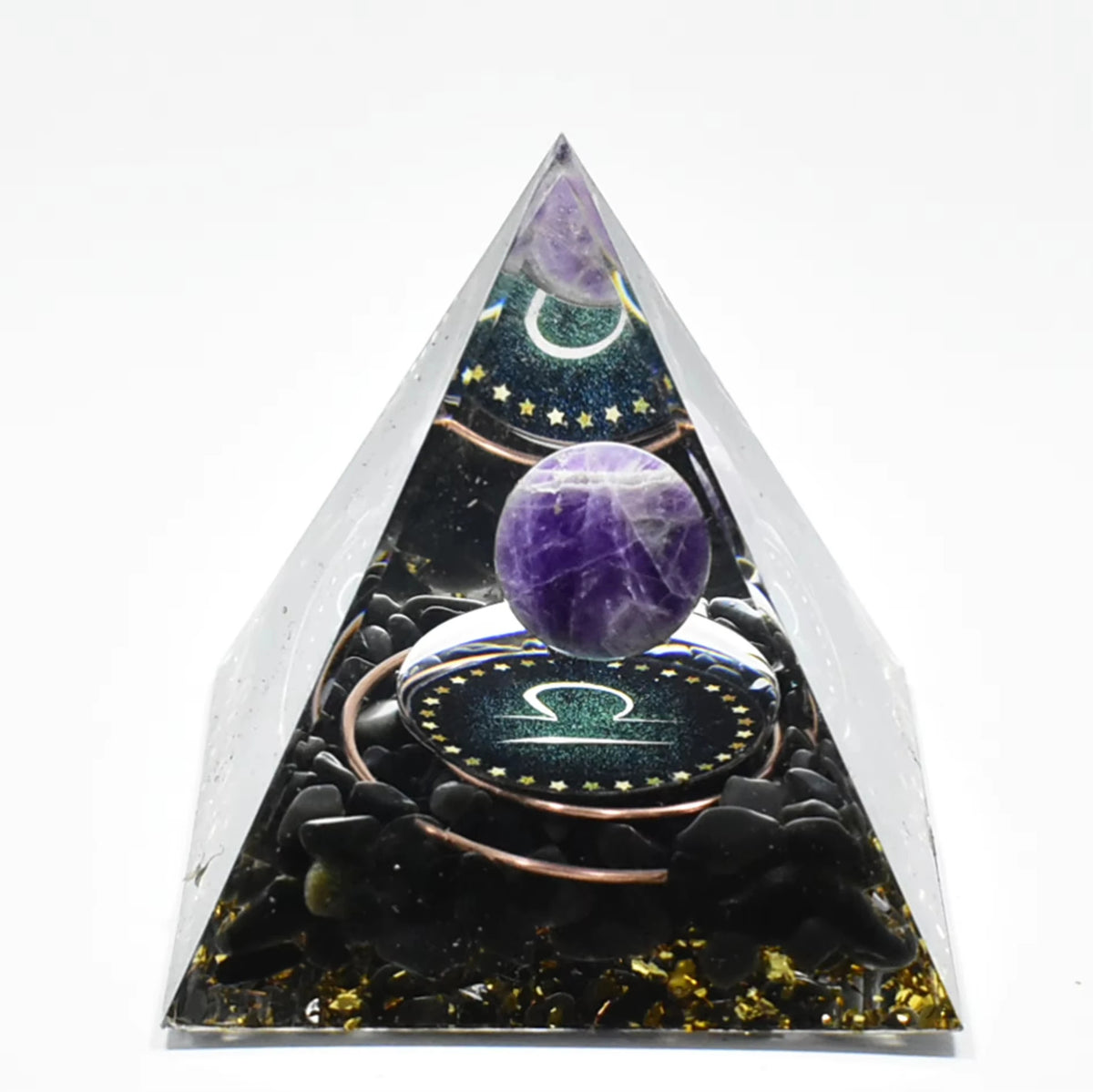 Handmade resin orgonite pyramid featuring natural obsidian and a copper coil with a purple stone.